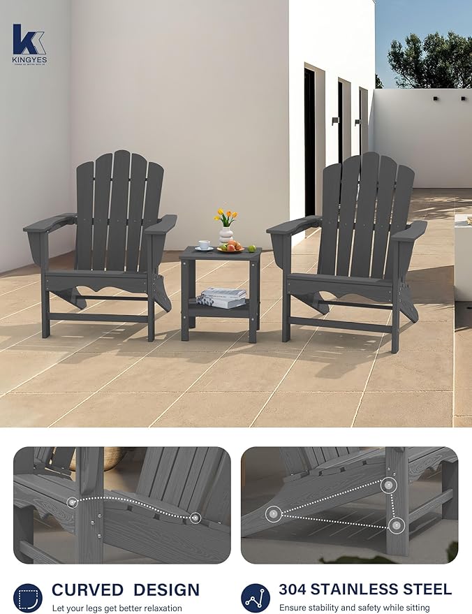 KINGYES HDPE Adirondack Chair Set of 4, Classic Oversize Adirondack Chair, Grey