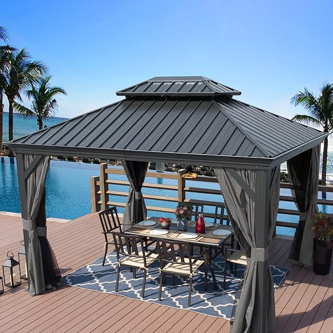 Kozyard Alexander 10' X 12' Hardtop, Aluminum Metal Gazebo with Galvanized Steel Double Roof Canopy, Curtain and Netting, Permanent Pavilion for Patio, Backyard, Deck, Lawn (Gray)