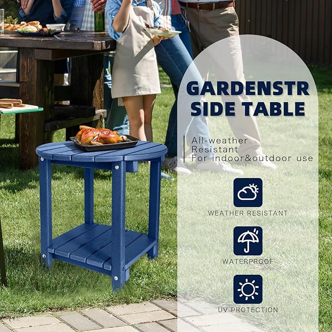 Adirondack Round Outdoor Side Table 2-Tier Storage Patio Side Table, HDPE End Tables for Backyard Pool Porch Garden Lawn (Blue)
