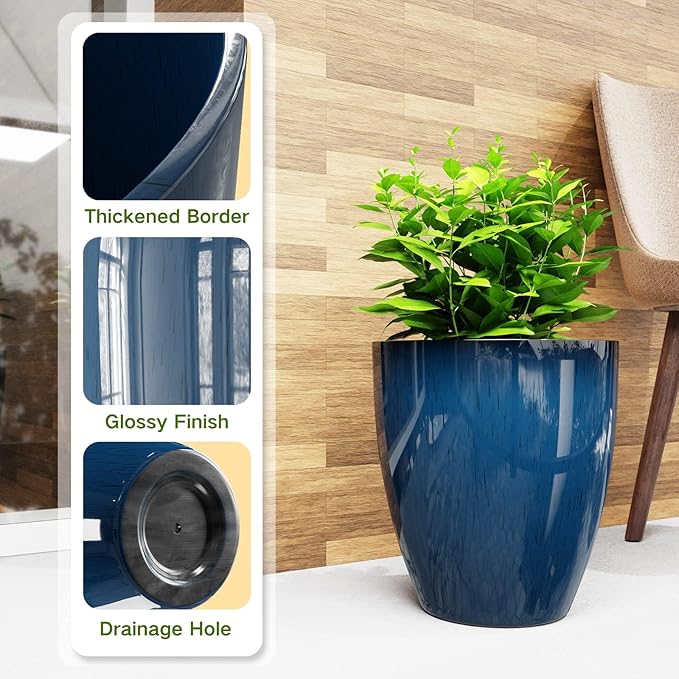 QCQHDU Plant Pots Set of 2 Pack,10 Inch Plant Pot for Indoor and Outdoor Plants with Drainage Hole,Flower Pots Modern Decorative Planter for Garden Plants (Blue)