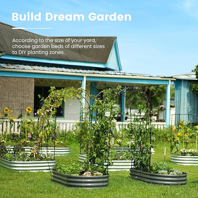 KING BIRD Raised Garden Bed with Arched Trellis Galvanized Planter Garden Box Outdoor for Gardening, Climbing Vegetables, Flowers 5.9x2.95x0.98 Ft, Dark Grey