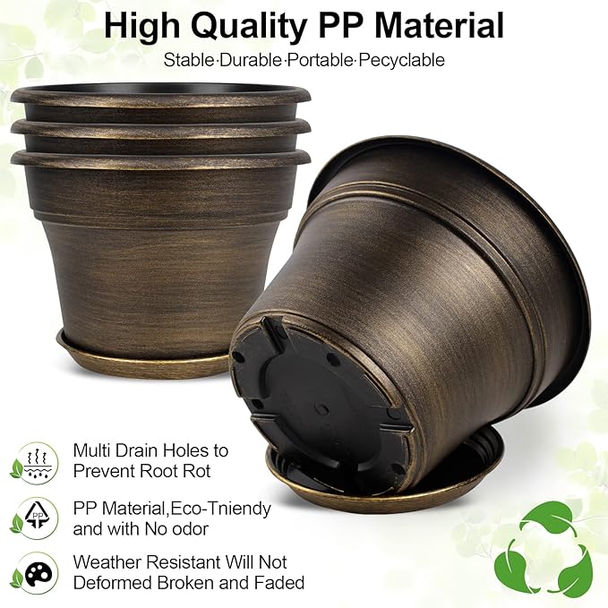 Plant Planters Pots Set of 4 Pack 8 Inch, Plastic Flower Pot for Indoor Plants with Drainage Holes & Trays, Resin Decorative Container Sets with Saucer for House Outdoor Garden Planters Dark Gold