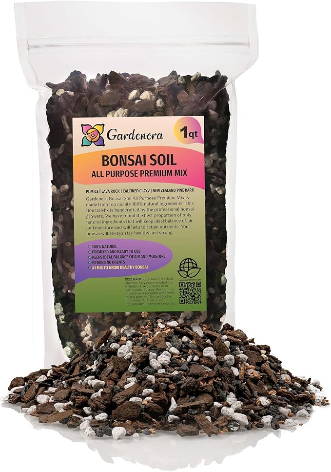 Premium Bonsai Soil All Purpose Fast Draining Mix - Pumice, Lava, Calcined Clay and Pine Bark Potting Pre Mixed Bonsai Plant Soil Mixture by GARDENERA - Made in USA - (1 Quart Bag)