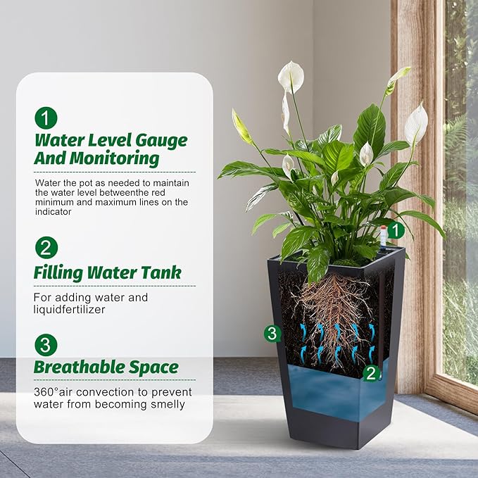 16" Tall Planters Set of 2, Outdoor＆Indoor Black Planter Pots, High Front Porch Planter Pots with Drainage Holes＆Water Level Monitor＆Inner Bucket, Automatic Watering,Black