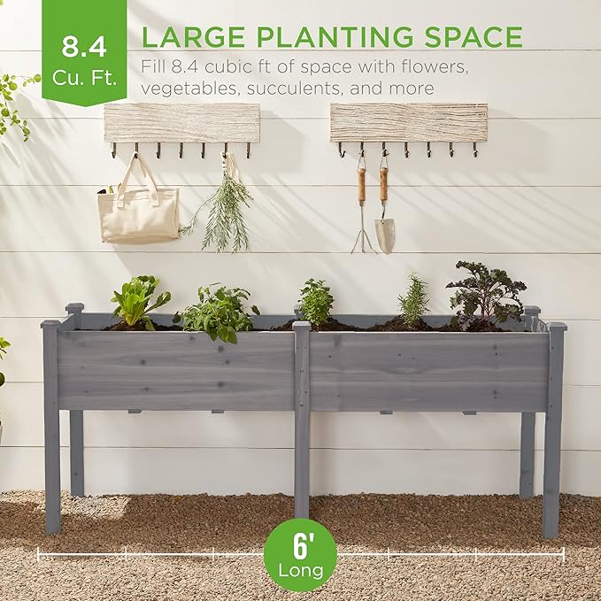 Best Choice Products 72x23x30in Raised Garden Bed, Elevated Wood Planter Box Stand for Backyard, Patio, Balcony w/Divider Panel, 6 Legs, 300lb Capacity - Gray