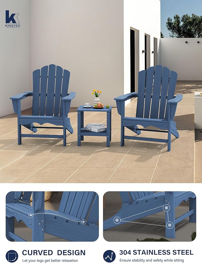 KINGYES HDPE Adirondack Chair, Classic All-Weather Adirondack Chairs Set of 8, Outdoor Patio Adirondack Chair for Deck Lawn fire Pit, Navy
