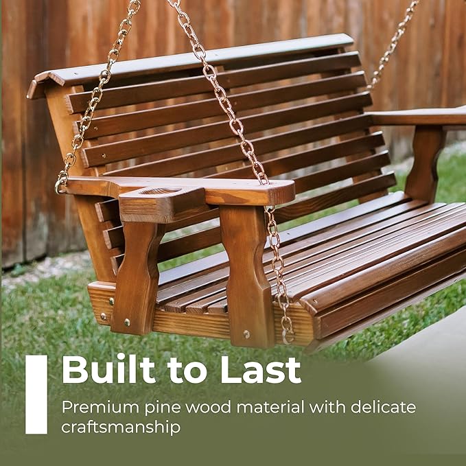 Amish Casual 6 Foot Roll Back Porch Swing with Cup Holders in Semi-Solid White Stain - Amish Made in The USA from Treated Pine Heavy Duty 700 Lb. Weight Capacity