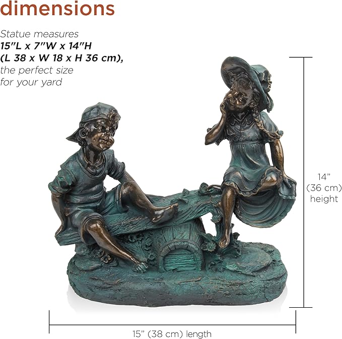 Alpine Corporation 14" Tall Indoor/Outdoor Girl and Boy Playing on Teeter Totter Statue Yard Art Decoration