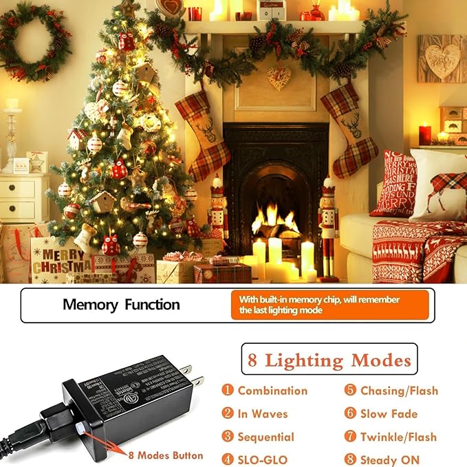 SANJICHA 2-Pack 66FT 200 LED Christmas Lights, Extendable Christmas Tree Light with Timer & Memory Function, Waterproof Green Wire Outdoor String Lights Indoor with 8 Lighting Modes (Warm White)