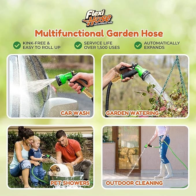 Flexi Hose with 8 Function Nozzle, 25FT - Lightweight Expandable Garden Hose, No-Kink Flexibility, 3/4 Inch Solid Brass Fittings and Double Latex Core