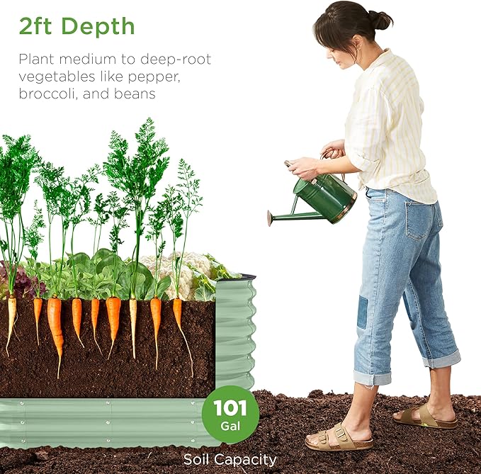 Best Choice Products 4x2x2ft Outdoor Metal Raised Garden Bed, Oval Deep Root Planter Box for Vegetables, Flowers, Herbs, and Succulents w/ 101 Gallon Capacity, Rubber Edge Guard - Sage Green