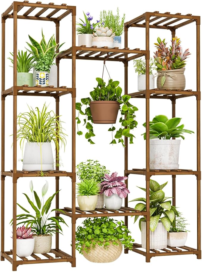 Bamworld Plant Stand Indoor Outdoor Hanging Shelf for Multiple Plants Tall Large Holder for Living Room Patio Balcony Garden (A-Cabinet-Wider)