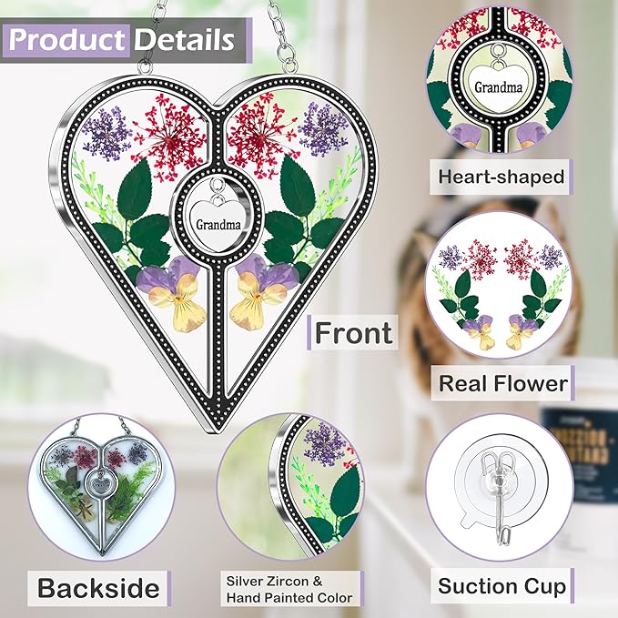 KY&BOSAM Heart Suncatcher Grandma Stained Glass for Windows Hangings Ornament Wind Chimes with Pressed Real Flower Heart Embedded in Glass Birthday Gifts for Women Grandma Mother`s Day Christmas Decor