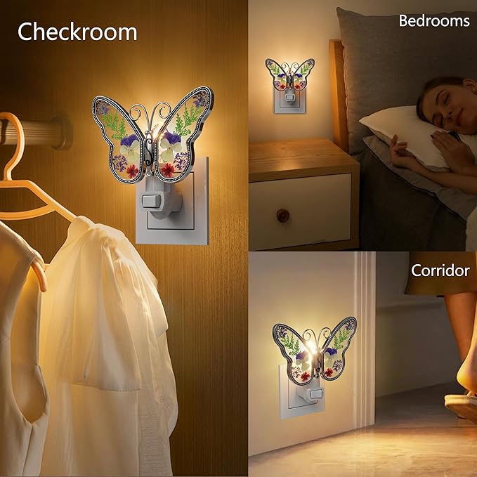 KY&BOSAM Butterfly Night Light Plug into Wall Night Lights Real Flower Glass and Metal Nightlights for Hallway Nursery Bedroom Bathroom Kids Room Kitchen Stairway Accent Elegant Themed Home Decoration