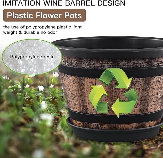 Quarut 3 Pack 10 inch Plant Pots,Whiskey Barrel Planters with Drainage Holes & Saucer, Plastic Decoration Flower Pots Imitation Wine Barrel Design, for Indoor & Outdoor Garden Home Plants (Brown)