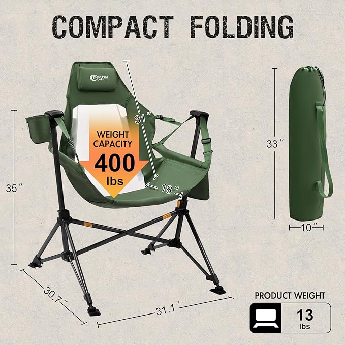 Portal Hammock Camping Chair, Portable Outdoor Swinging Chairs, Rocking Chair for Adults with Adjustable Back and Height for Lawn, Backyard, Patio, Supports 400 lbs, Breathable Mesh High Back, Green