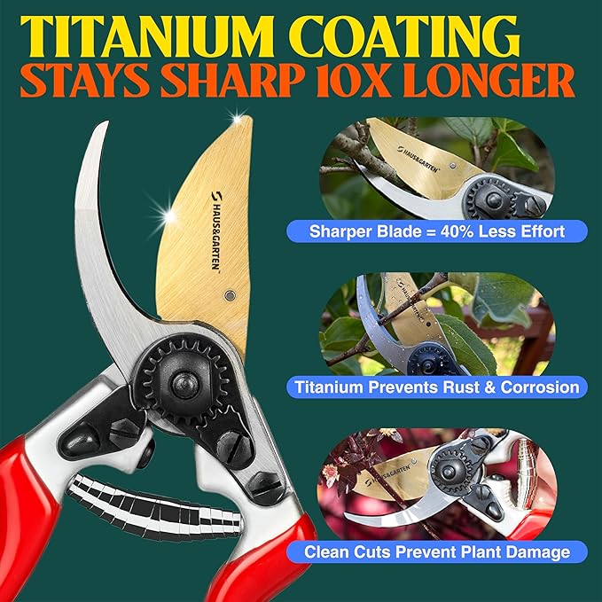 Haus & Garten EnduroPRO Ergonomic Bypass Pruners - Professional Titanium Garden Shears - Heavy Duty Hand Pruning Scissor, Tree Trimmer, Gardening Tool, Branch, Hedge, Rose, Shrub & Bush Clippers