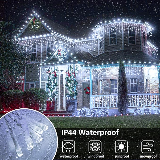 Icicle Christmas Lights, 98FT 1216 LED Icicle Lights for Outside with 228 Drops, 8 Modes Waterproof Twinkle String Lights for House Bedroom Wedding Holiday Decorations, White