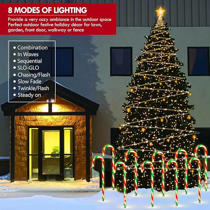 WeGuard 10PK Christmas Candy Cane Pathway Lights Outdoor Decorations 21" 8 Lighting Modes Flashing Waterproof Outdoor Lighted Christmas Decor for Garden Yard (Red&Green)