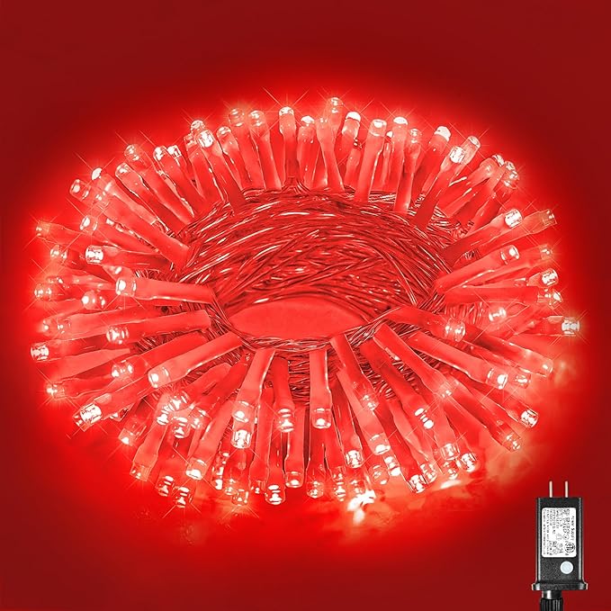 Vivideal 33ft Red Christmas String Lights Outdoor, 100 LED 8 Modes Clear Wire, Connectable Waterproof Plug-in Pink Christmas Tree Decor for Bedroom Indoor Outdoor