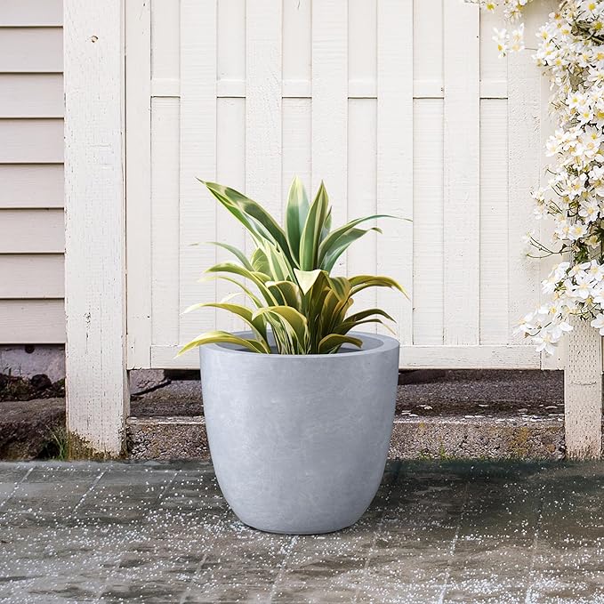 Kante 14 Inch Dia Round Concrete Planter, Indoor Outdoor Large Plant Pot with Drainage Hole and Rubber Plug for Home Patio Garden, Slate Gray
