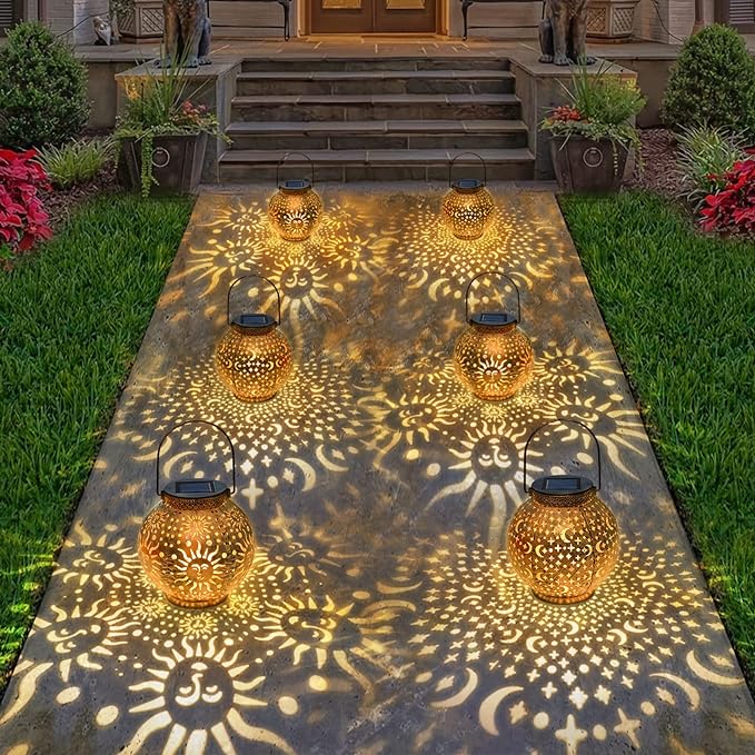 Go2garden Outdoor Solar Lanterns Waterproof Garden Gifts Women Yard Decorations Metal Moon Sun Hanging Solar Lights for Patio, Balcony, Tabletop,Birthday Mothers Day Gifts for Mom (Bronze,2Pack)