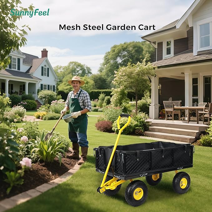 SUNNYFEEL 900 Lbs Capacity Heavy Duty Mesh Steel Garden Cart,Folding Utility Cart with Removable Side Nets, Non-Slip Rubber Base, Black & Yellow,Upgraded Version