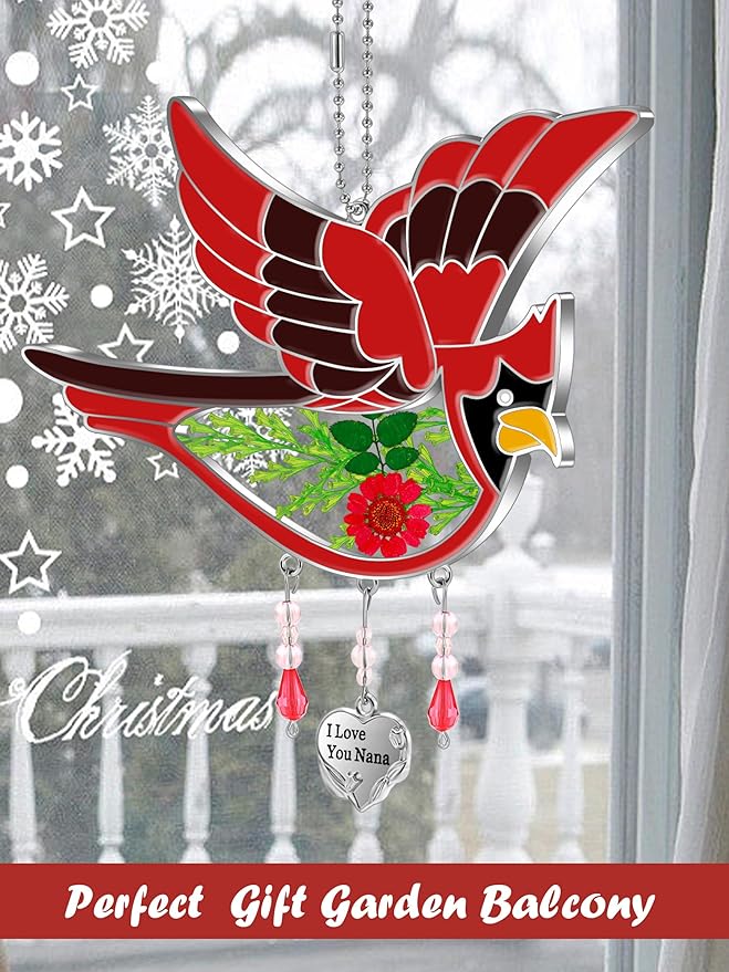 KY&BOSAM Cardinal Suncatcher Nana Gifts I Love You Nana Stained Glass Suncatchers Hanging Ornament for Window Wind Chime Birthday Gifts for Women Nana Grandma Mother`s Day Christmas Tree Gifts
