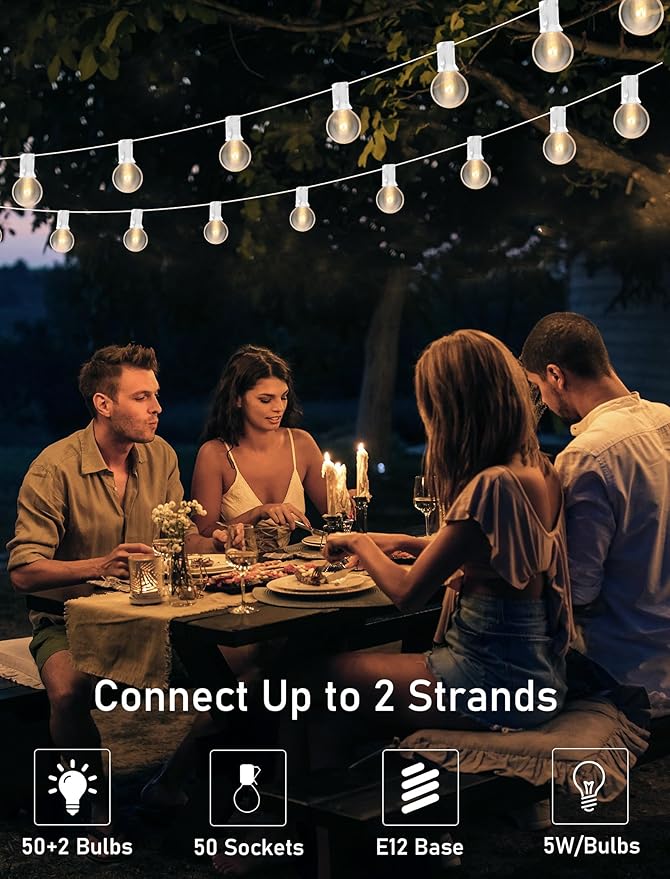 50FT Outdoor String Lights G40 Clear Globe String Lights Light Bulbs with 52 Clear Bulbs -5 Watt/120 Voltage/E12 Base -White Wire