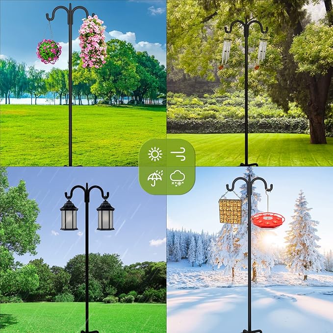 FEED GARDEN Adjustable Double Shepherds Hook for Outdoor with 5 Prong Base 108 Inch Heavy Duty Two Sided Bird Feeder Pole for Hanging Plant Baskets, Solar Light Lanterns, Wind Chimes