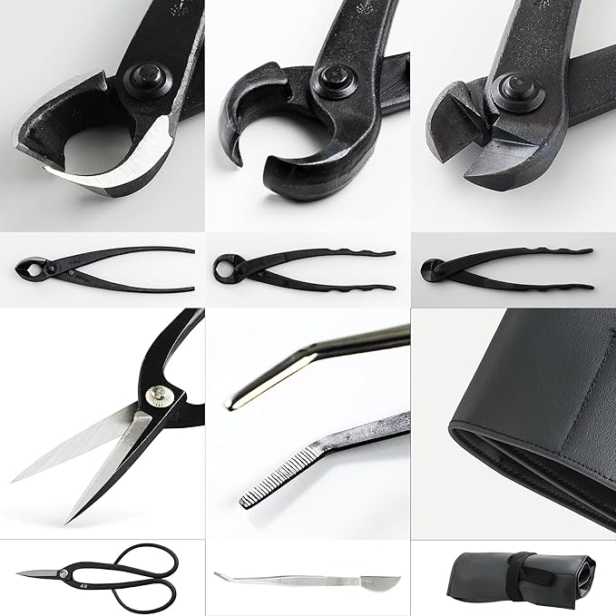 Wazakura Made in Japan 5PCS Bonsai Tool Kit with Roll Bag: Yasugi Steel Ashinaga Bonsai Scissors, Concave Branch Cutter, Knob Cutter, Wire Cutter, Tweezers - 5 Tools Ashinaga Set with Case