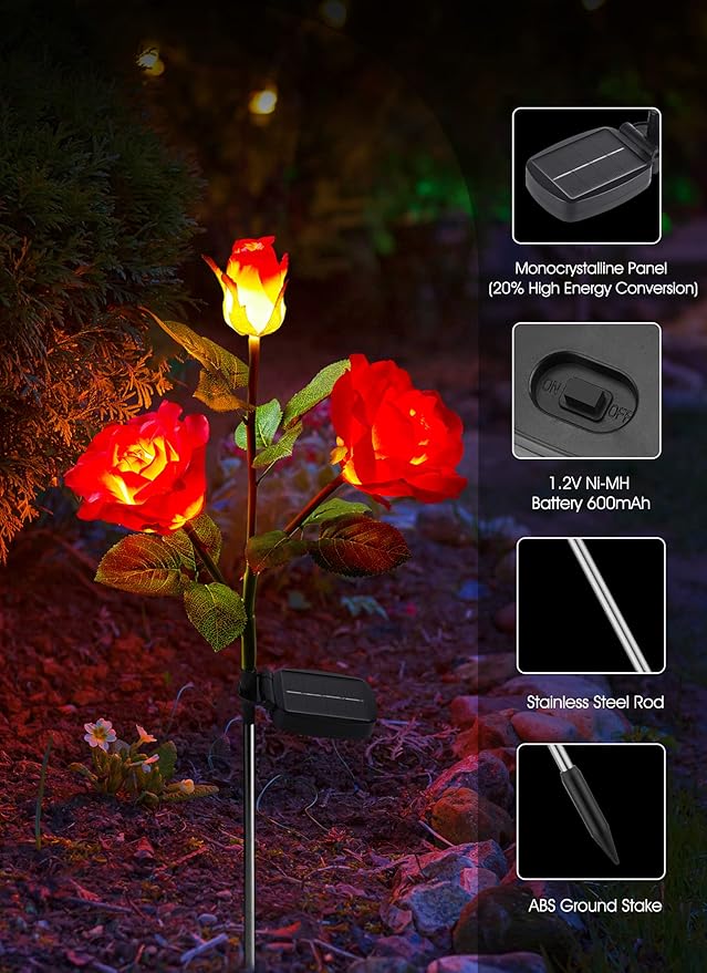 Garden 4 Pack LED Solar Flower Lights with Larger & More Realistic Rose Flowers, Bigger Solar Panel, Waterproof Solar Outdoor Lights for Yard Patio Lawn Pathway Walkway Decoration