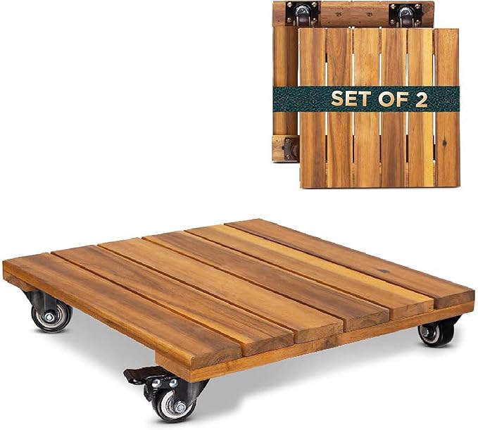 Idzo 2-Pack 12 Inch Acacia Wood Rolling Square Plant Caddy for Plant Pots, Heavy Duty Plant Stand with 360° Lockable Wheels, 264 lbs Capacity Caddy for Indoor and Outdoor Use, Natural Wood