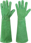 HANDLANDY Leather Gardening Gloves, Thorn Proof Long Gauntlet Heavy Duty Garden Gloves, Elbow Length Rose Pruning Weeding Yard Glove (Large, Green)