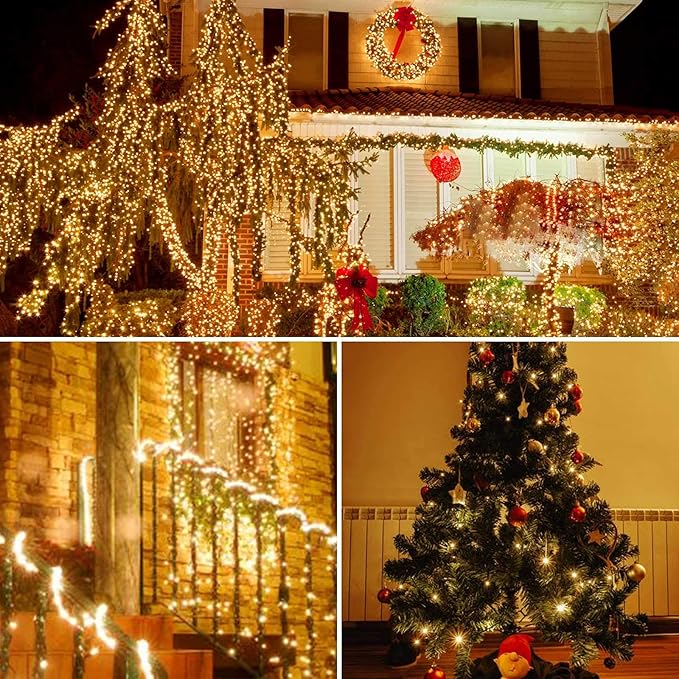 SANJICHA 2-Pack 66FT 200 LED Christmas Lights, Extendable Christmas Tree Light with Timer & Memory Function, Waterproof Green Wire Outdoor String Lights Indoor with 8 Lighting Modes (Warm White)