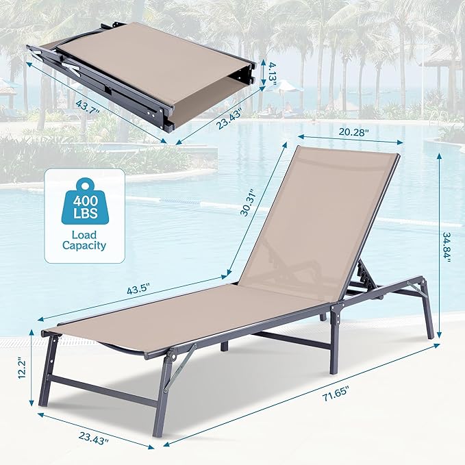 Outdoor Chaise Lounge Chair, Foldable & Assemble-Free, 6 Adjustable Positions, Durable Rust-Resistant Frame, Portable Outdoor Pool Lounge Chairs for Pool Patio Beach, Khaki