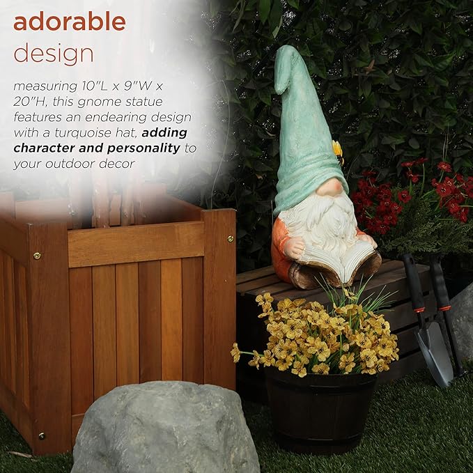 Alpine Corporation MCC844 Indoor/Outdoor Gnome Reading a Book Garden Statue, Charming Gnome Statue with Hat, 20" H, Turquoise