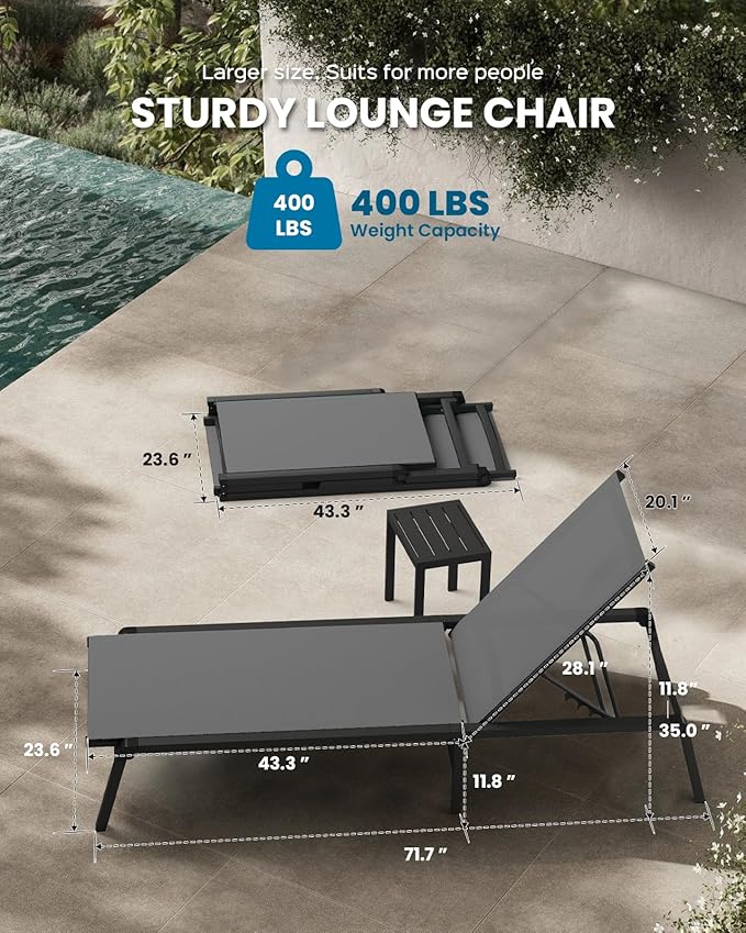 Chaise Lounge Outdoor, Foldable Aluminum Pool Lounge Chairs with 5 Positions Recliner - Free Assembly - Patio Chaise Lounge Chair for Poolside, Beach, Yard (Darkgray)