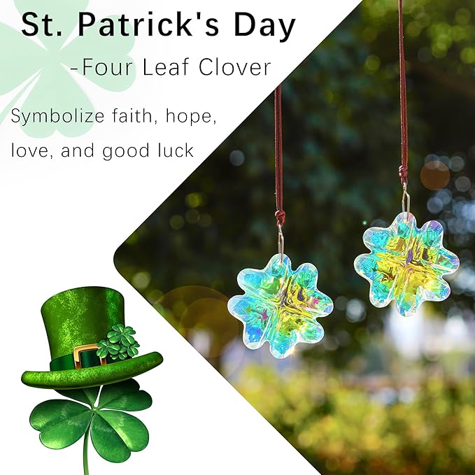 HDCRYSTALGIFTS 2PCS Crystal Prisms Suncatchers for Windows Christmas Ornaments,Lucky Four Leaf Clover Rainbow Maker Hanging Prism Sun Catchers for Home Garden Decoration,45mm