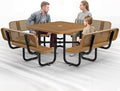 Metal Picnic Tables for Outdoors with Umbrella Hole - Coated Steel Heavy Duty Commercial Grade Table with Adjustable Seats (Brown, 46 in, Square with Back, Expanded Steel)