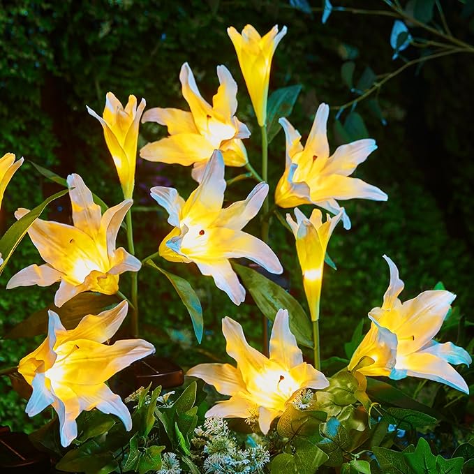 Brightown Outdoor Solar Garden Lights - 4 Pack LED Flower Lights with Larger Lily, Bigger Solar Panel, Waterproof for Outside Yard Patio Garden Decorations, White