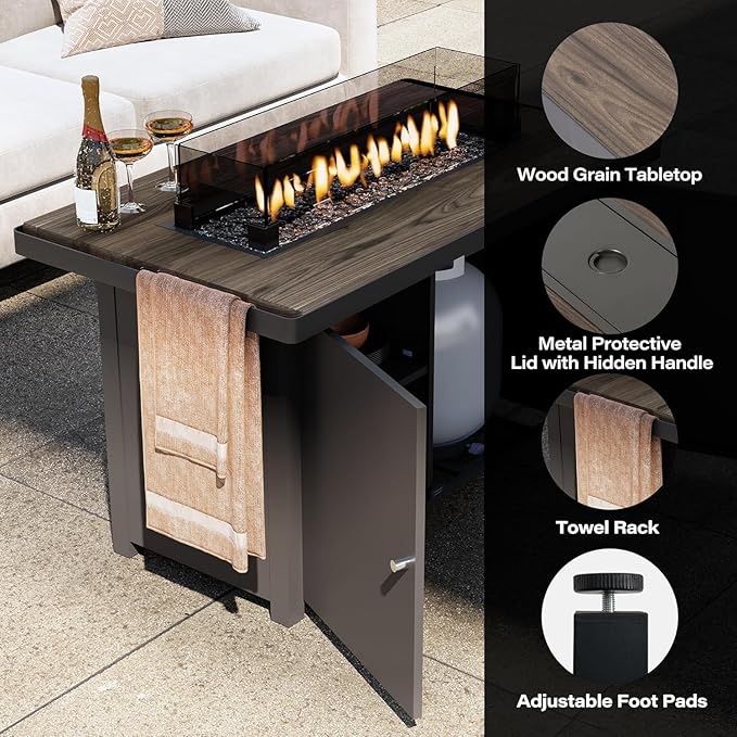LAUSAINT HOME Propane Fire Pit Table 43 Inch with Lid, 55,000 BTU Gas Fire Pits for Outside Patio with Glass Wind Guard, Gray Glass Beads