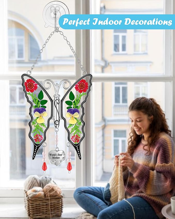 KY&BOSAM Butterfly Suncatcher World`s Best Mother Gifts Stain Glass Suncatchers for Windows Hanging Wind Chimes Home Ornament Gifts for Mom Mother`s Day Valentine's Birthday Christmas Thanksgiving