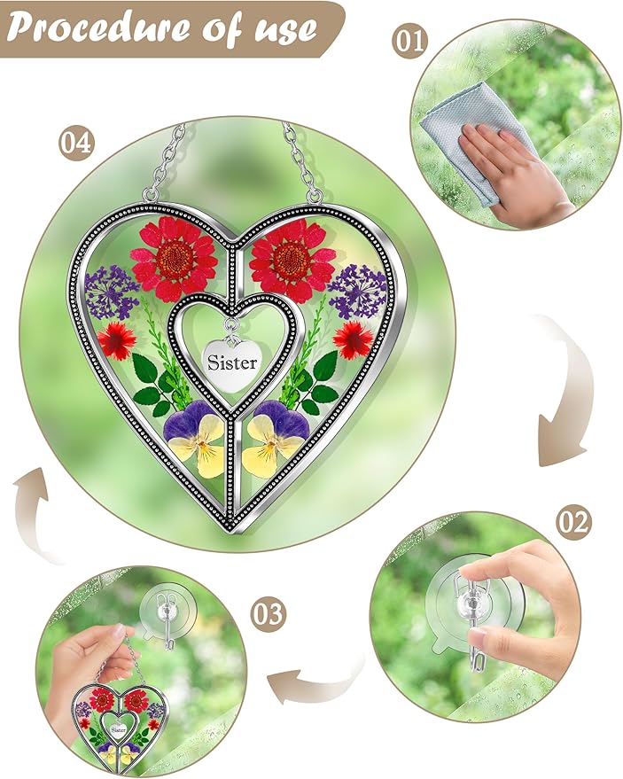 KY&BOSAM Heart Suncatcher Sister Stained Glass Panels Hangings for Windows Sun Catchers with Pressed Real Flower Heart in Glass Birthday Gifts for Women Mothers Day Home Garden Christmas Ornament