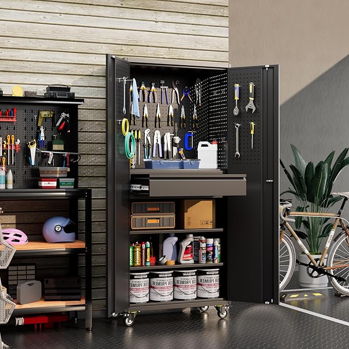Metal Garage Cabinet with Wheels,71''H Rolling Lockable Steel Tool Cabinet with Pegboard & 1 Drawer for Garage,Home,Office Assembly Required,Black/Red