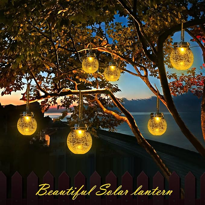 DBF Solar Lanterns Outdoor Waterproof, 2 Pack Hanging Solar Lights Outdoor, LED Cracked Glass Ball Globe Lantern Garden Decor for Patio Backyard Pathway Tree Porch Fence Events (Amber Warm & RGB)