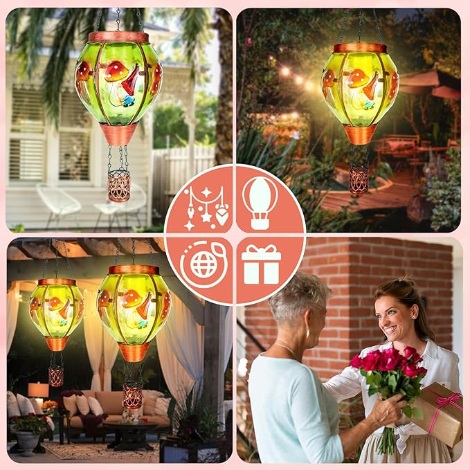 2 Pack Solar Hot Air Balloon Lantern with Flame，Mushroom Gnome Glass Solar Hanging Lanterns Outdoor for Outside Garden Patio Tree Porch Yard, Mushroom Gifts for Women Grandma Mom - Mushroom