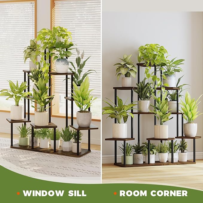 Bamworld Large Plant Stand Indoor, 9 Tier Tall Metal Plant Shelf for Multiple Plants, Tiered Flower Stand for Patio Garden Balcony Living Room Bedroom(Brown)