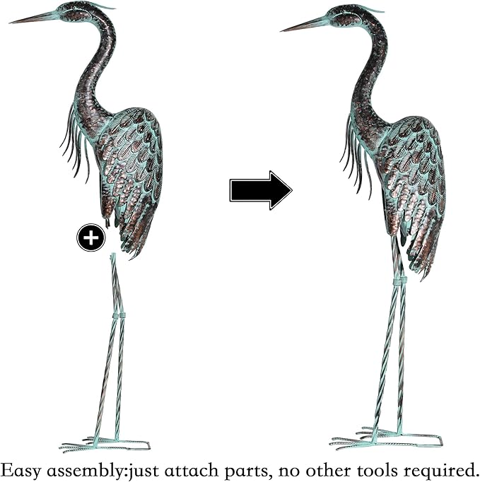 Kircust Garden Crane Statues, Standing Metal Patina Heron Decoy Outdoor Statue, 42-46 Inch Bird Yard Art for Patio Lawn Pond, Set of 2