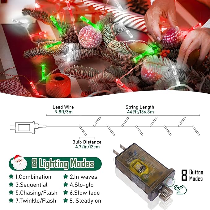 Heceltt 1140 LED 449 FT String Lights Outdoor, 8 Modes Christmas Lights Plug in, IP44 Waterproof Led String Lights with Timer and Memory for Home Party Tree Decorations (Red Green and White)